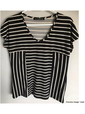 Studio Black & White Striped V-Neck Top